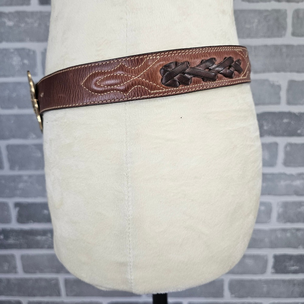 Jordache Vintage Brown Leather Western Belt Braided Leegin USA Gold Buckle 32 - Picture 4 of 11